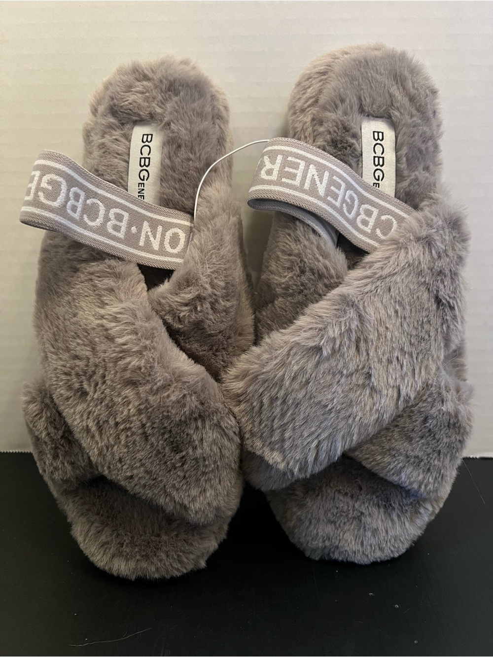 BCBGeneration Grey Faux Fur Crisscross Slide Slippers with Branded Elastic Strap